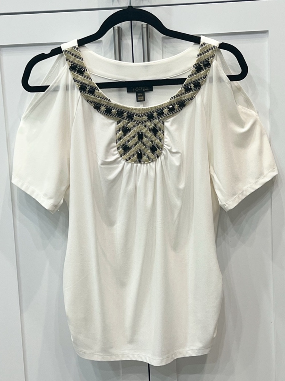 THALIA SODI Ivory Embroidered Beaded Cold Shoulder Shirt Sleeve Top Sz M